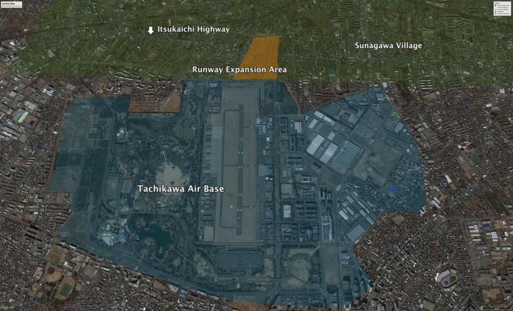 Tachikawa today, with the outline of the former U.S. base and the proposed runway expansion area into Sunagawa.